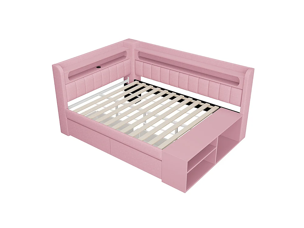Canapé-lit rembourré 90 x 200 cm avec port USB et LED, Comprenant un meuble à chaussures et deux tiroirs, Tissu lin, Rose
