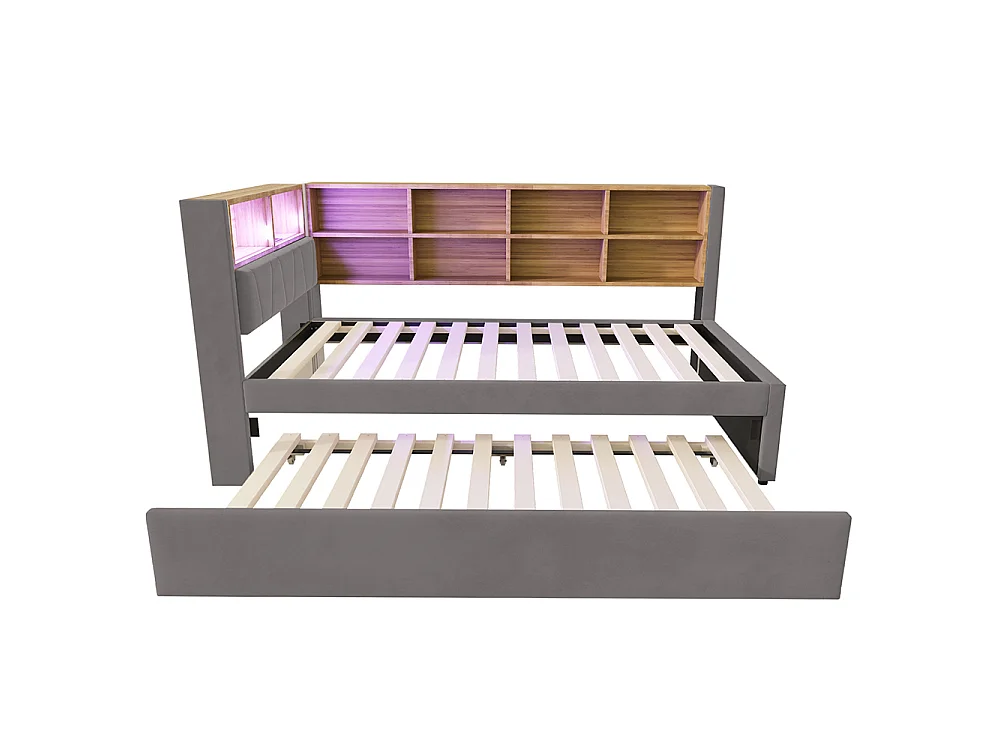 Canapé-lit 90x200 cm, avec lit gigogne 90x190 cm, Lumières LED, Prise de charge, Compartiments de rangement, Tissu flanelle, Gris foncé