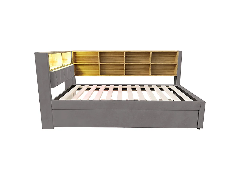 Canapé-lit 90x200 cm, avec lit gigogne 90x190 cm, Lumières LED, Prise de charge, Compartiments de rangement, Tissu flanelle, Gris foncé