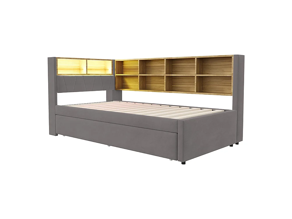 Canapé-lit 90x200 cm, avec lit gigogne 90x190 cm, Lumières LED, Prise de charge, Compartiments de rangement, Tissu flanelle, Gris foncé