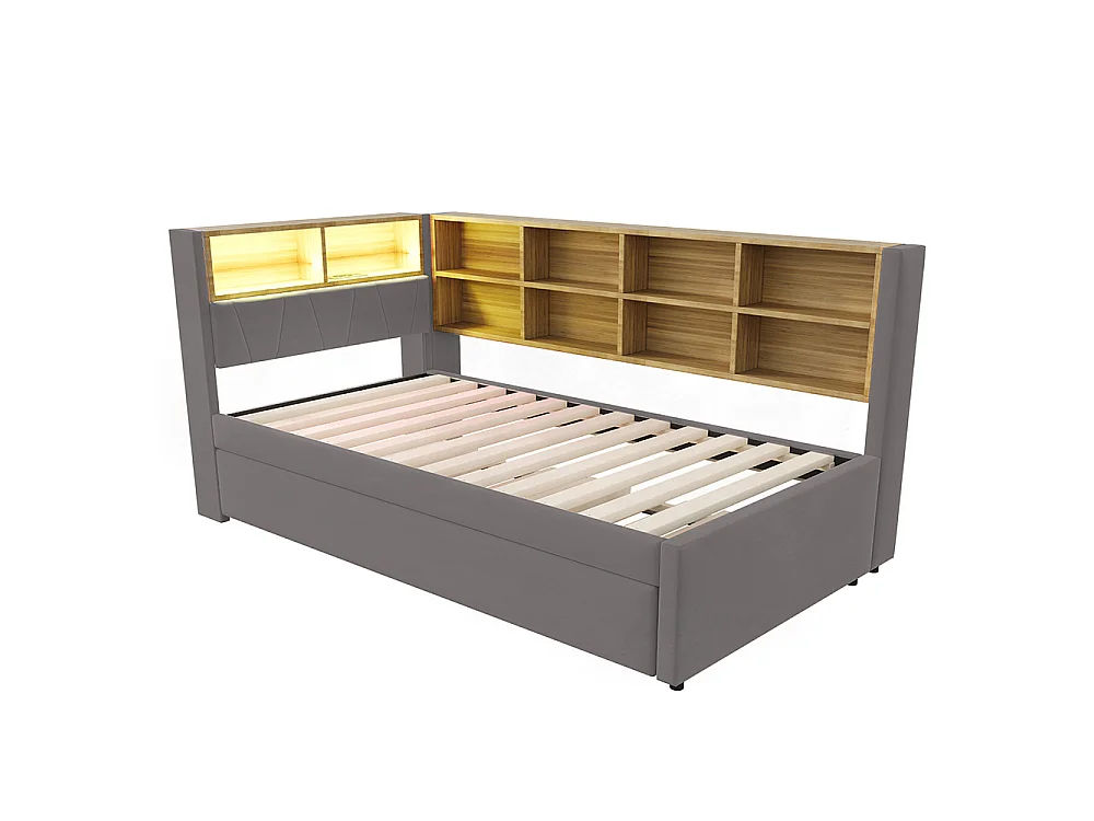 Canapé-lit 90x200 cm, avec lit gigogne 90x190 cm, Lumières LED, Prise de charge, Compartiments de rangement, Tissu flanelle, Gris foncé