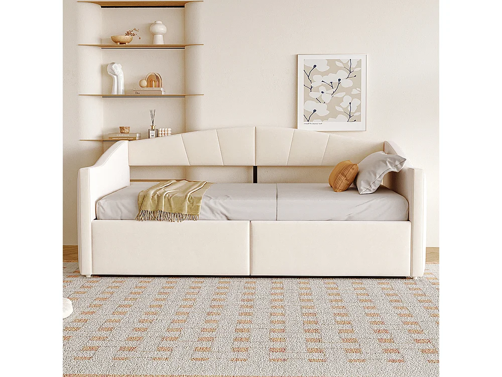 Canapé-lit capitonné 90x200 cm - Lit simple avec coffre de rangement - Sommier à lattes - Rayures classiques - Velours - Beige