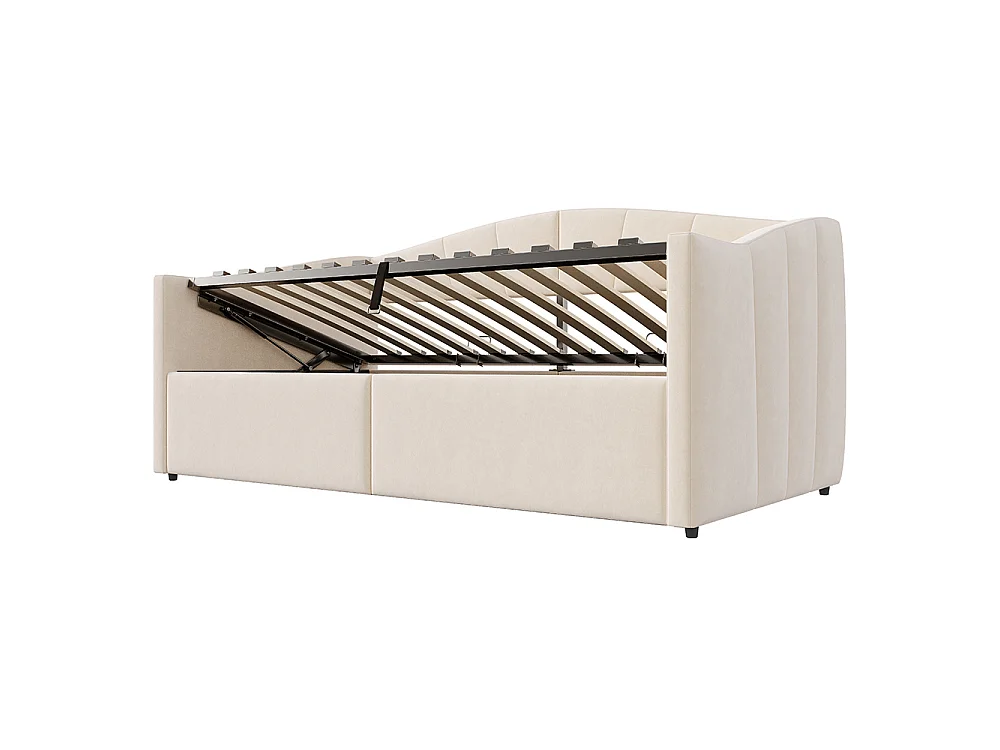 Canapé-lit capitonné 90x200 cm - Lit simple avec coffre de rangement - Sommier à lattes - Rayures classiques - Velours - Beige