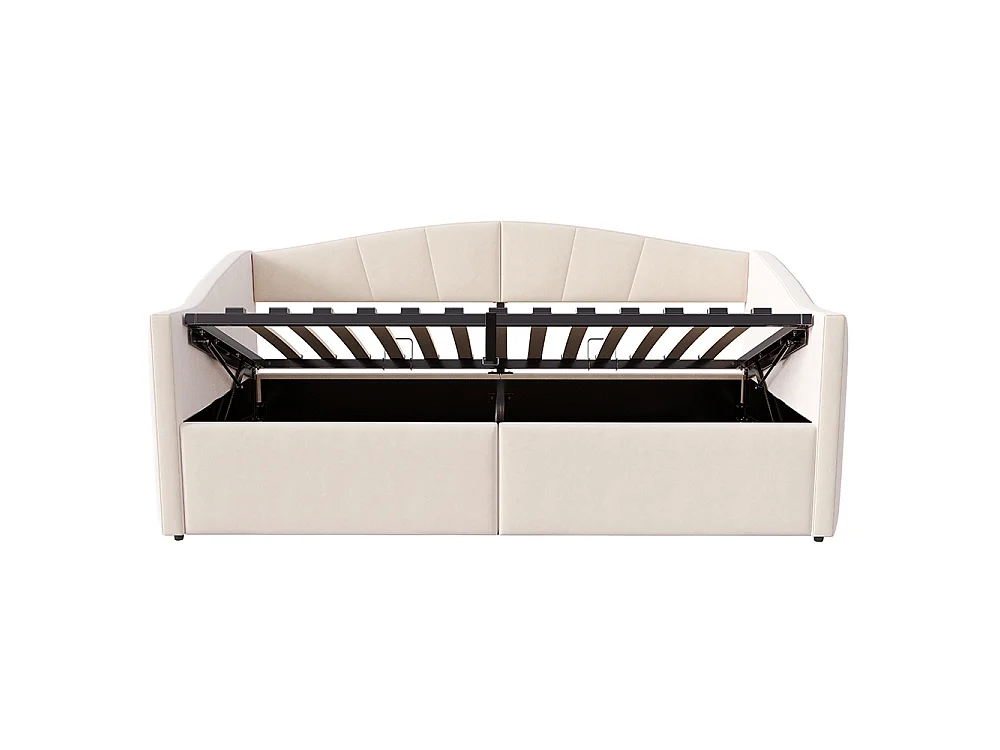 Canapé-lit capitonné 90x200 cm - Lit simple avec coffre de rangement - Sommier à lattes - Rayures classiques - Velours - Beige
