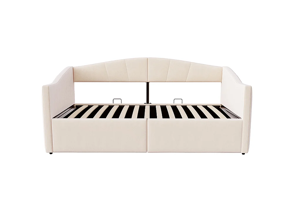 Canapé-lit capitonné 90x200 cm - Lit simple avec coffre de rangement - Sommier à lattes - Rayures classiques - Velours - Beige
