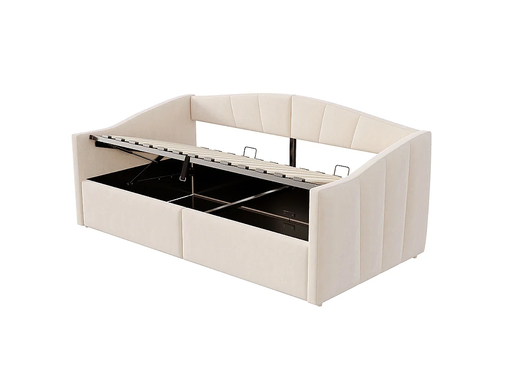 Canapé-lit capitonné 90x200 cm - Lit simple avec coffre de rangement - Sommier à lattes - Rayures classiques - Velours - Beige