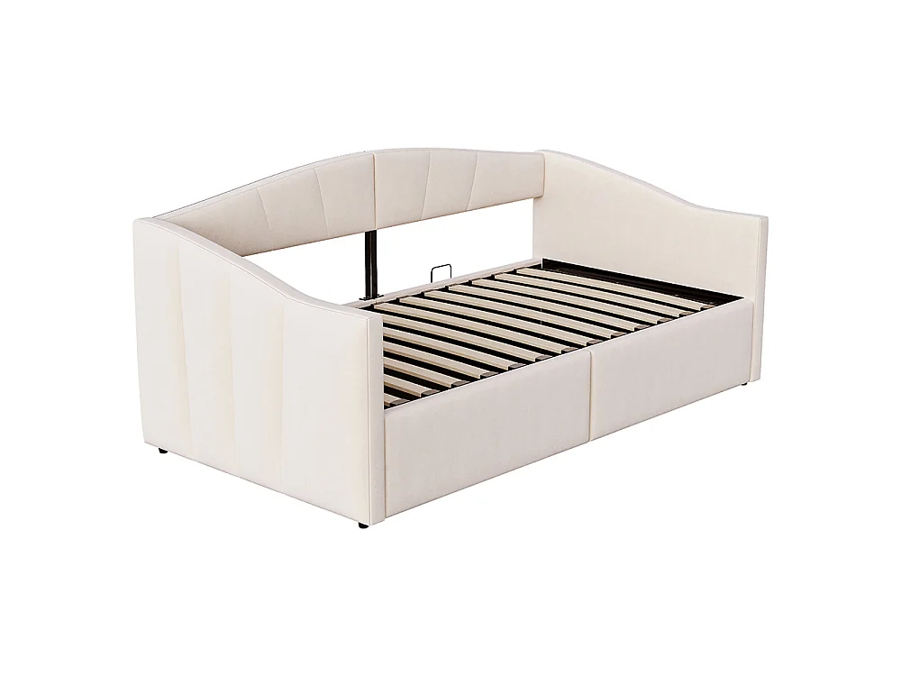 Canapé-lit capitonné 90x200 cm - Lit simple avec coffre de rangement - Sommier à lattes - Rayures classiques - Velours - Beige