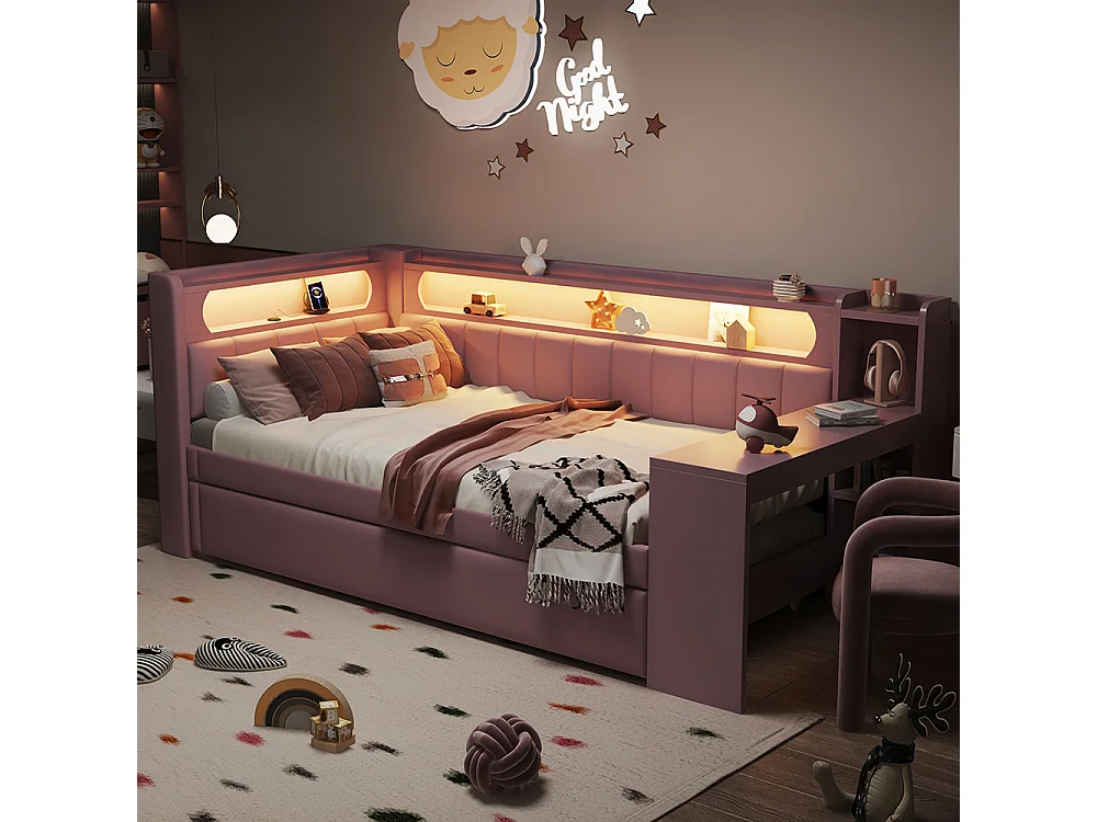 Canapé-lit rembourré 90 x 200 cm avec port USB et bande LED, avec lit gigogne et bureau, Tissu lin, Rose