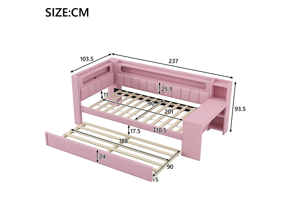 Canapé-lit rembourré 90 x 200 cm avec port USB et bande LED, avec lit gigogne et bureau, Tissu lin, Rose