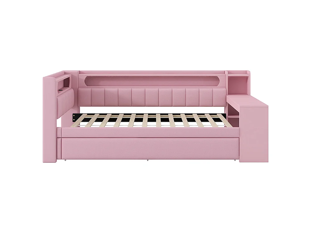 Canapé-lit rembourré 90 x 200 cm avec port USB et bande LED, avec lit gigogne et bureau, Tissu lin, Rose