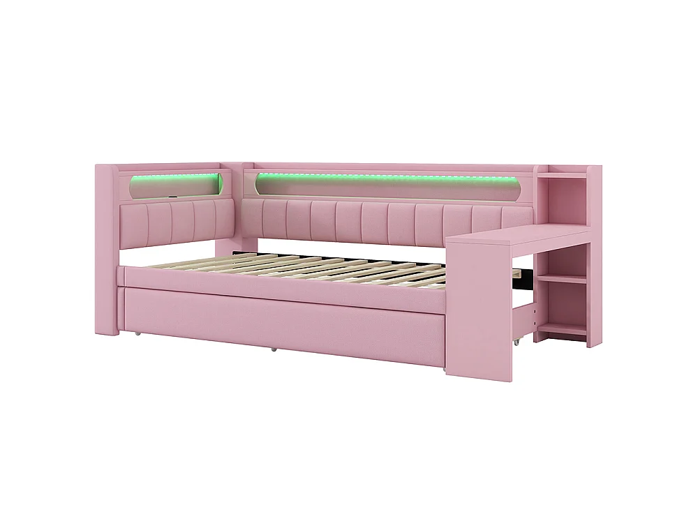 Canapé-lit rembourré 90 x 200 cm avec port USB et bande LED, avec lit gigogne et bureau, Tissu lin, Rose