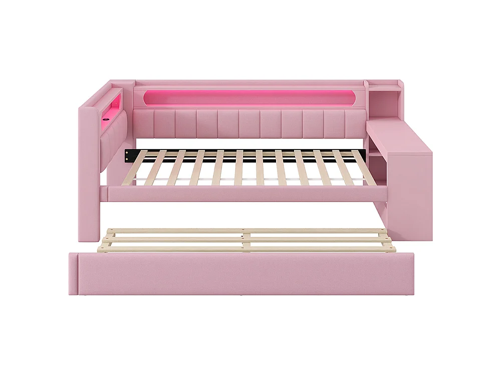 Canapé-lit rembourré 90 x 200 cm avec port USB et bande LED, avec lit gigogne et bureau, Tissu lin, Rose