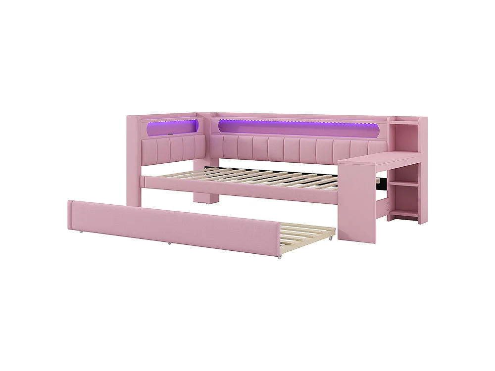 Canapé-lit rembourré 90 x 200 cm avec port USB et bande LED, avec lit gigogne et bureau, Tissu lin, Rose