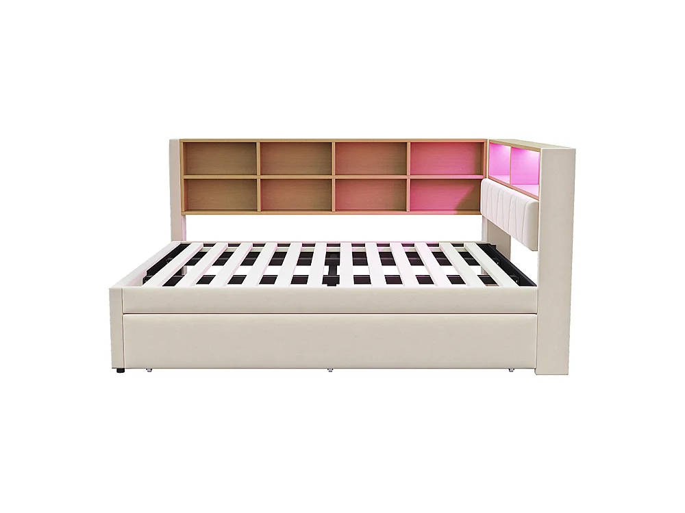 Canapé-lit 140x200 cm, avec lit gigogne 90x190 cm, Lumières LED, Prise de charge, Compartiments de rangement, Lit double, Beige flanelle