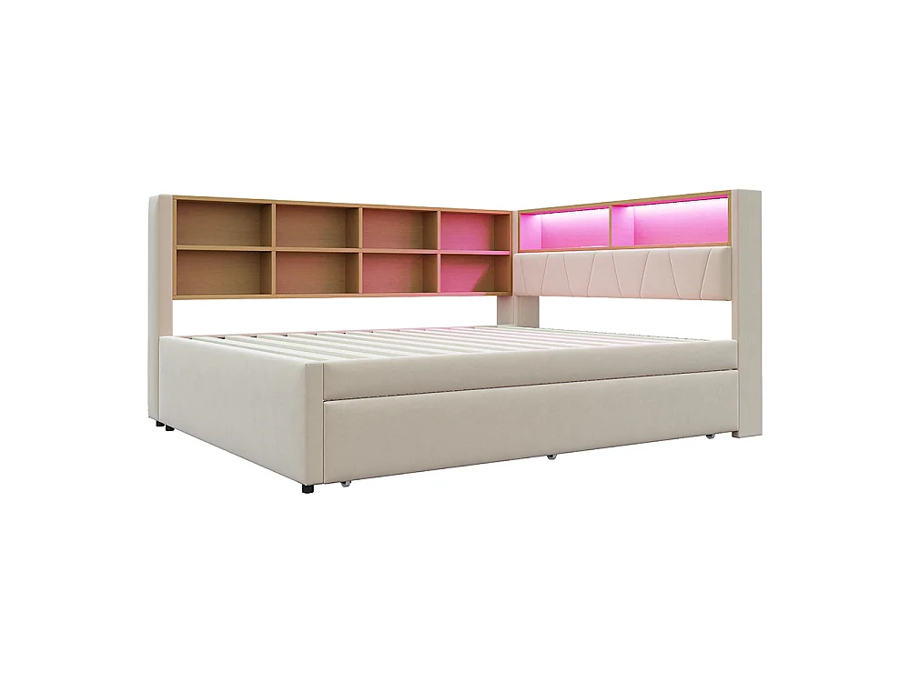 Canapé-lit 140x200 cm, avec lit gigogne 90x190 cm, Lumières LED, Prise de charge, Compartiments de rangement, Lit double, Beige flanelle