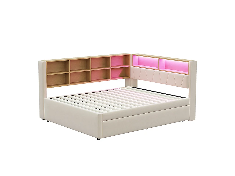Canapé-lit 140x200 cm, avec lit gigogne 90x190 cm, Lumières LED, Prise de charge, Compartiments de rangement, Lit double, Beige flanelle