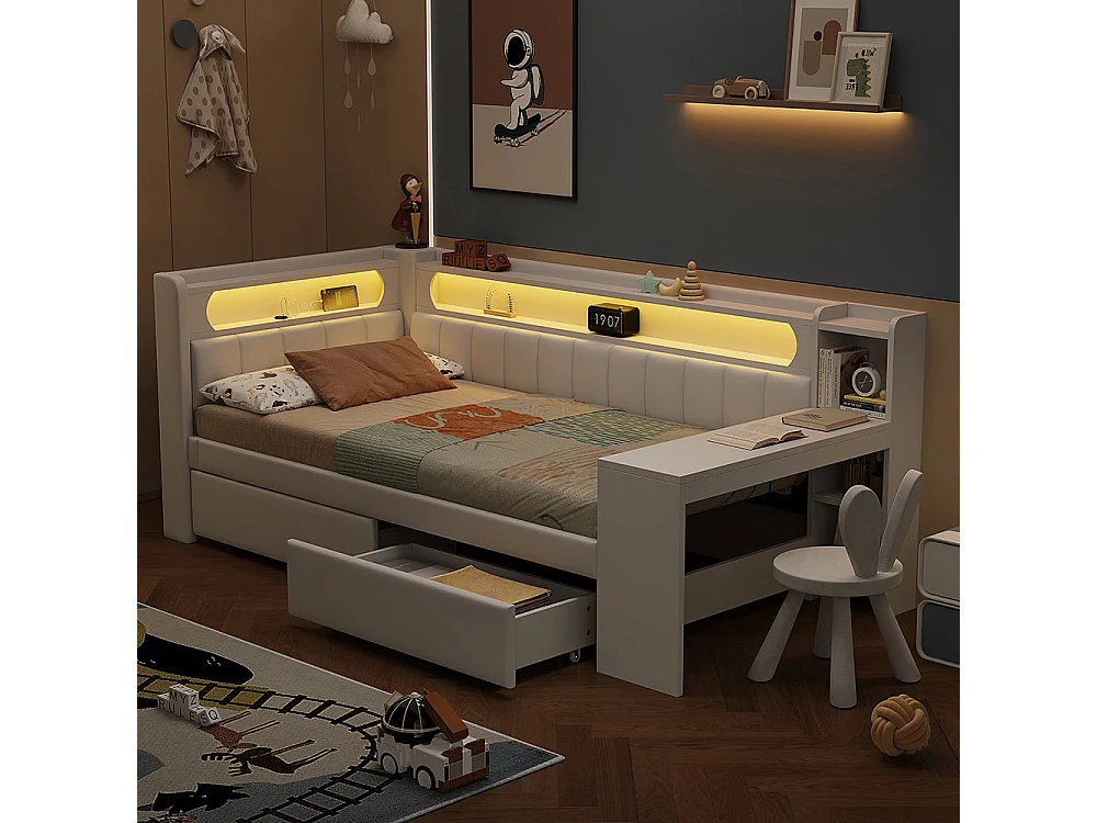 Canapé-lit rembourré 90 x 200 cm avec port USB et LED - Bureau - Deux tiroirs - Tissu lin - Blanc
