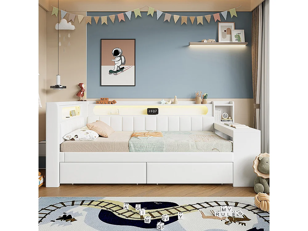Canapé-lit rembourré 90 x 200 cm avec port USB et LED - Bureau - Deux tiroirs - Tissu lin - Blanc