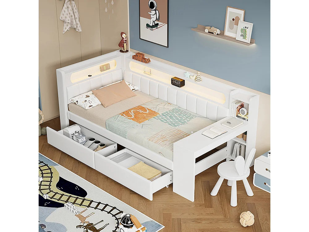 Canapé-lit rembourré 90 x 200 cm avec port USB et LED - Bureau - Deux tiroirs - Tissu lin - Blanc