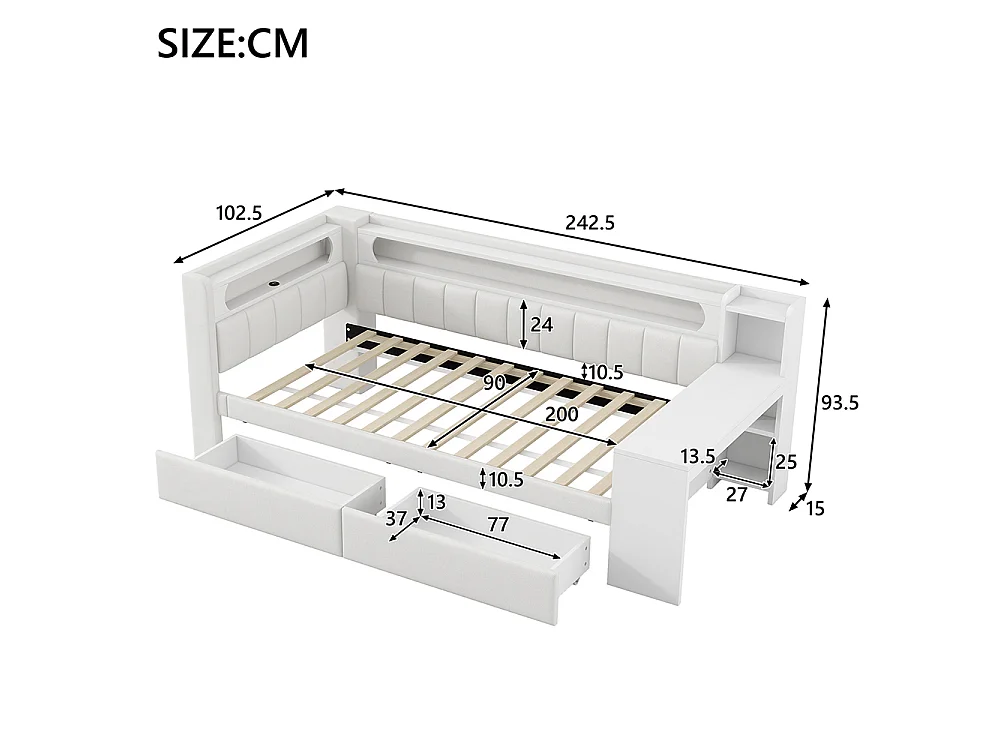 Canapé-lit rembourré 90 x 200 cm avec port USB et LED - Bureau - Deux tiroirs - Tissu lin - Blanc