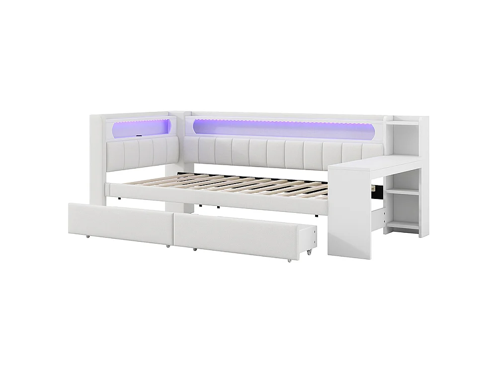 Canapé-lit rembourré 90 x 200 cm avec port USB et LED - Bureau - Deux tiroirs - Tissu lin - Blanc