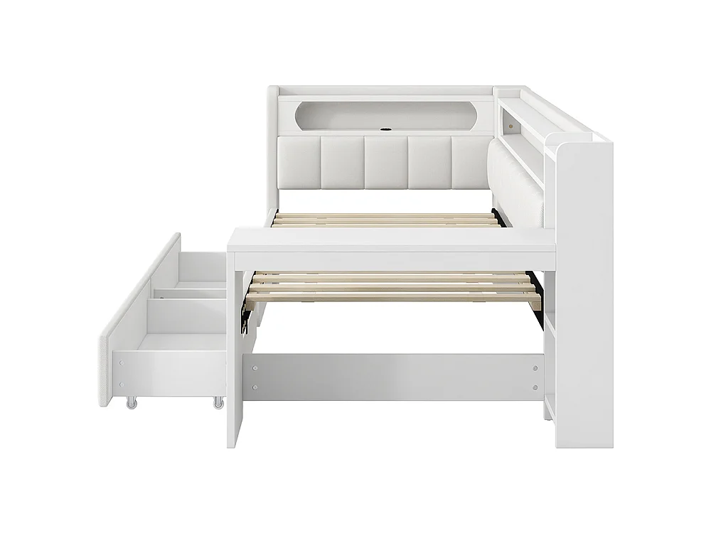 Canapé-lit rembourré 90 x 200 cm avec port USB et LED - Bureau - Deux tiroirs - Tissu lin - Blanc
