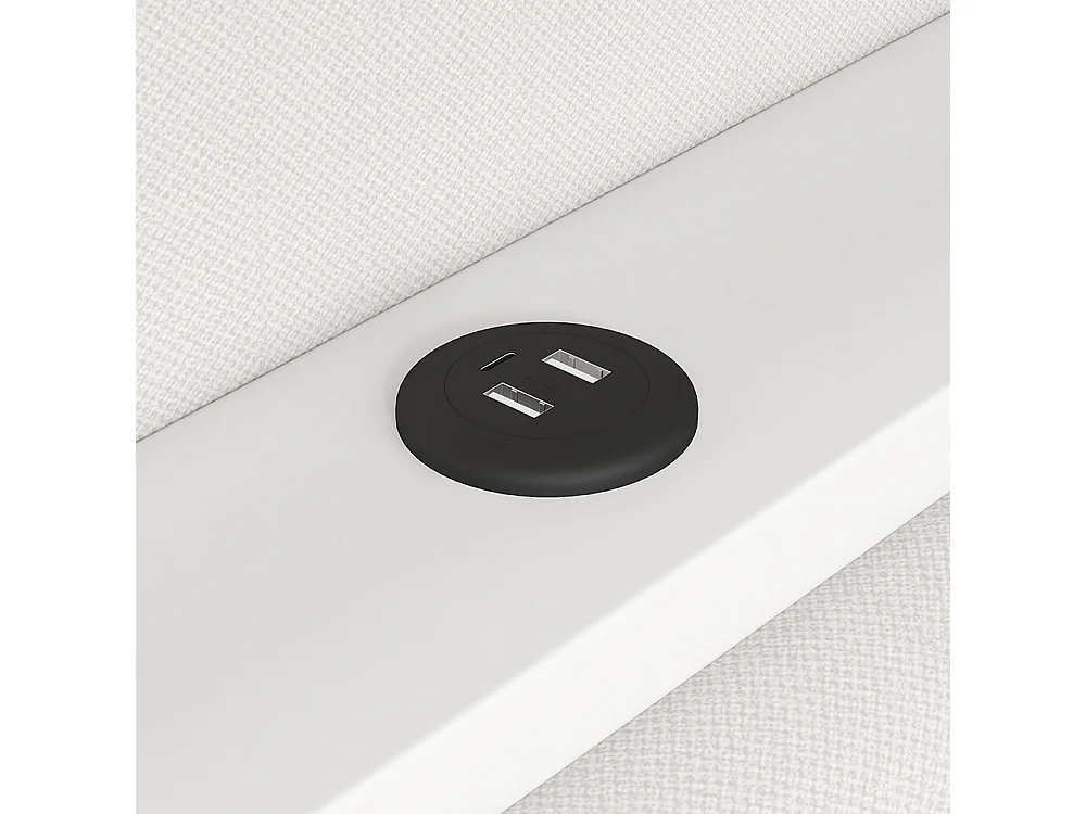 Canapé-lit rembourré 90 x 200 cm avec port USB et LED - Bureau - Deux tiroirs - Tissu lin - Blanc