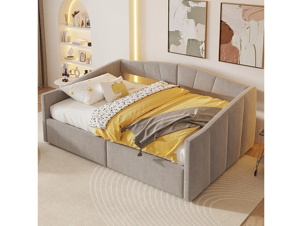 Canapé-lit capitonné 140x200 cm - Lit double avec coffre de rangement - Sommier à lattes - Rayures classiques - Velours - Gris clair
