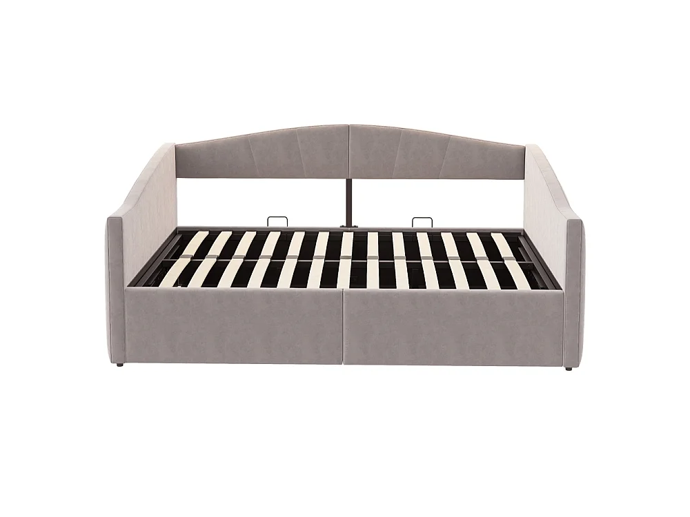 Canapé-lit capitonné 140x200 cm - Lit double avec coffre de rangement - Sommier à lattes - Rayures classiques - Velours - Gris clair