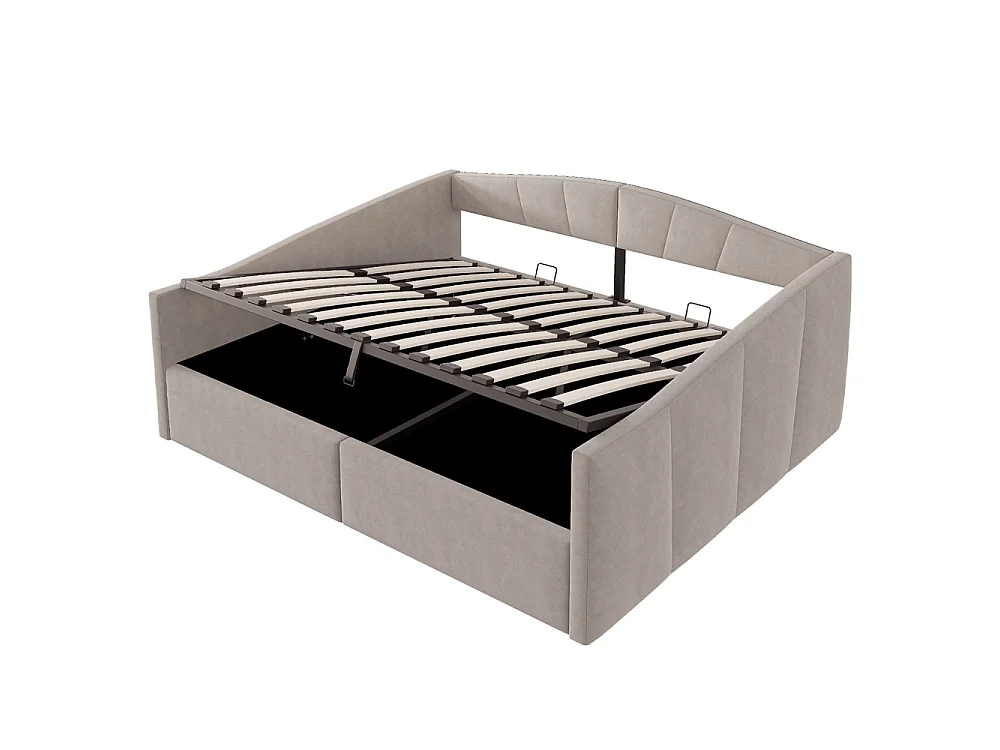Canapé-lit capitonné 140x200 cm - Lit double avec coffre de rangement - Sommier à lattes - Rayures classiques - Velours - Gris clair