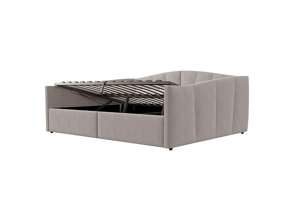 Canapé-lit capitonné 140x200 cm - Lit double avec coffre de rangement - Sommier à lattes - Rayures classiques - Velours - Gris clair