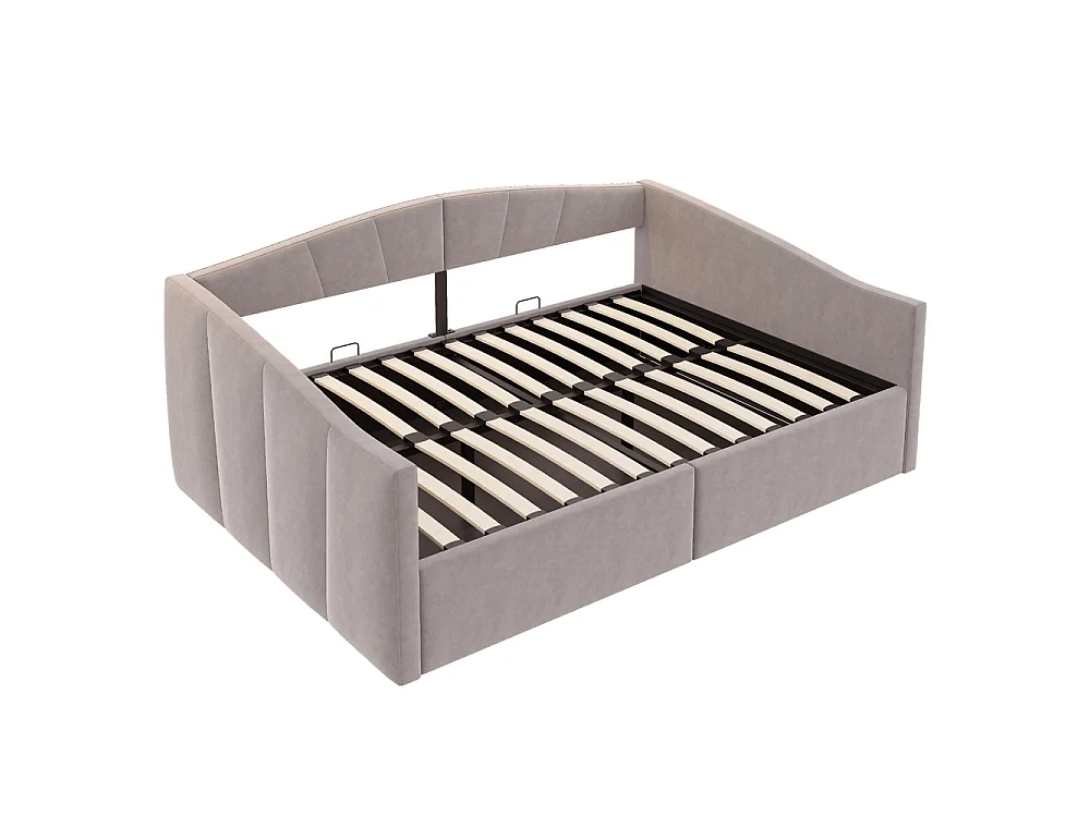 Canapé-lit capitonné 140x200 cm - Lit double avec coffre de rangement - Sommier à lattes - Rayures classiques - Velours - Gris clair