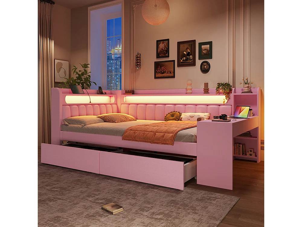 Canapé-lit rembourré 140 x 200 cm avec port USB et LED - Bureau - Deux tiroirs - Tissu lin - Rose