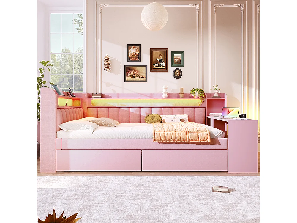 Canapé-lit rembourré 140 x 200 cm avec port USB et LED - Bureau - Deux tiroirs - Tissu lin - Rose