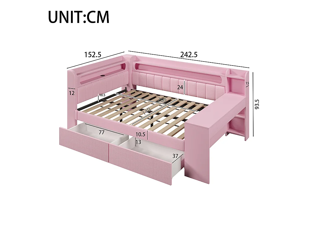 Canapé-lit rembourré 140 x 200 cm avec port USB et LED - Bureau - Deux tiroirs - Tissu lin - Rose