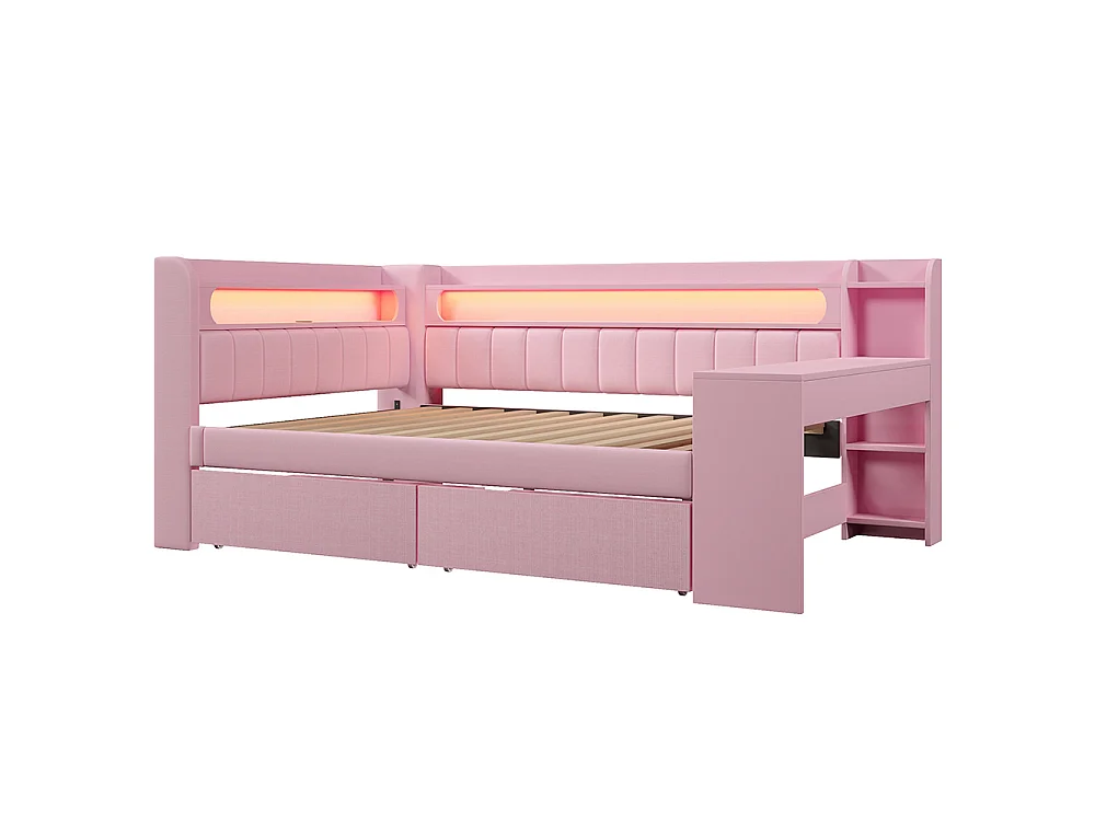 Canapé-lit rembourré 140 x 200 cm avec port USB et LED - Bureau - Deux tiroirs - Tissu lin - Rose