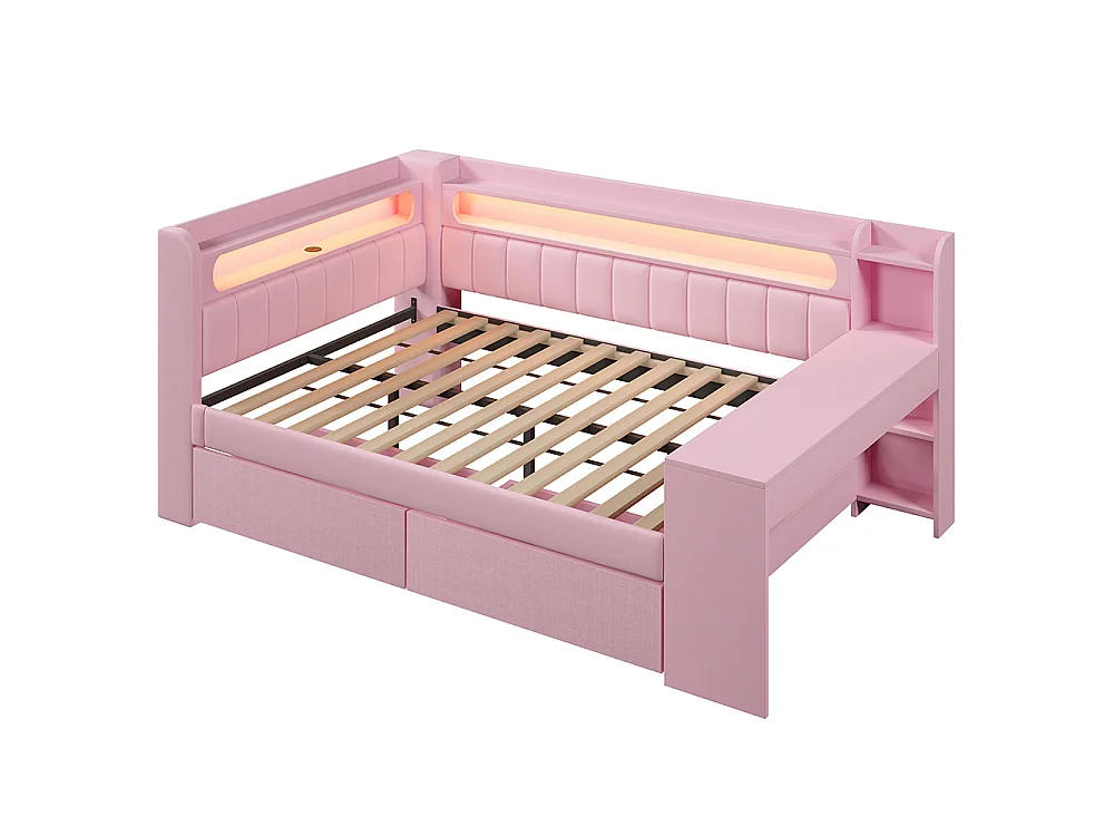 Canapé-lit rembourré 140 x 200 cm avec port USB et LED - Bureau - Deux tiroirs - Tissu lin - Rose