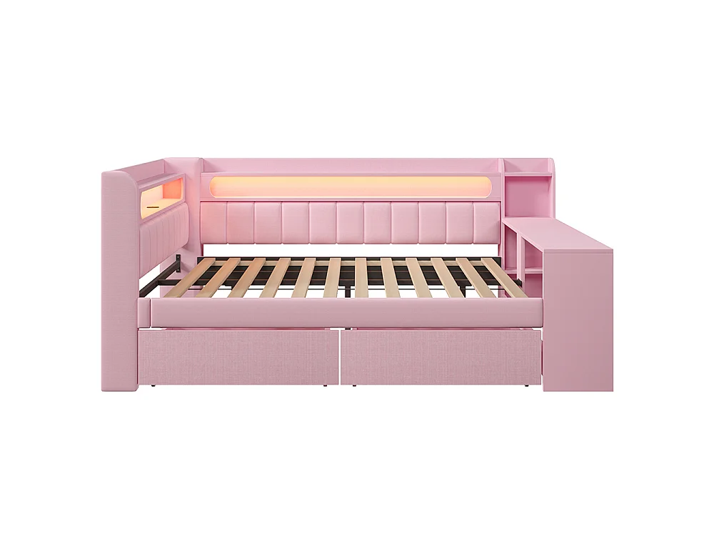 Canapé-lit rembourré 140 x 200 cm avec port USB et LED - Bureau - Deux tiroirs - Tissu lin - Rose