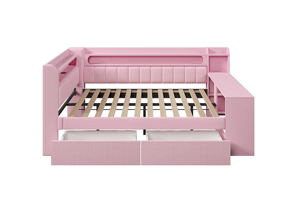 Canapé-lit rembourré 140 x 200 cm avec port USB et LED - Bureau - Deux tiroirs - Tissu lin - Rose