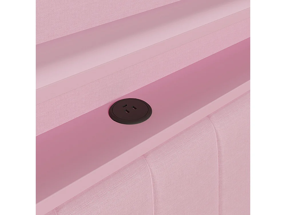 Canapé-lit rembourré 140 x 200 cm avec port USB et LED - Bureau - Deux tiroirs - Tissu lin - Rose