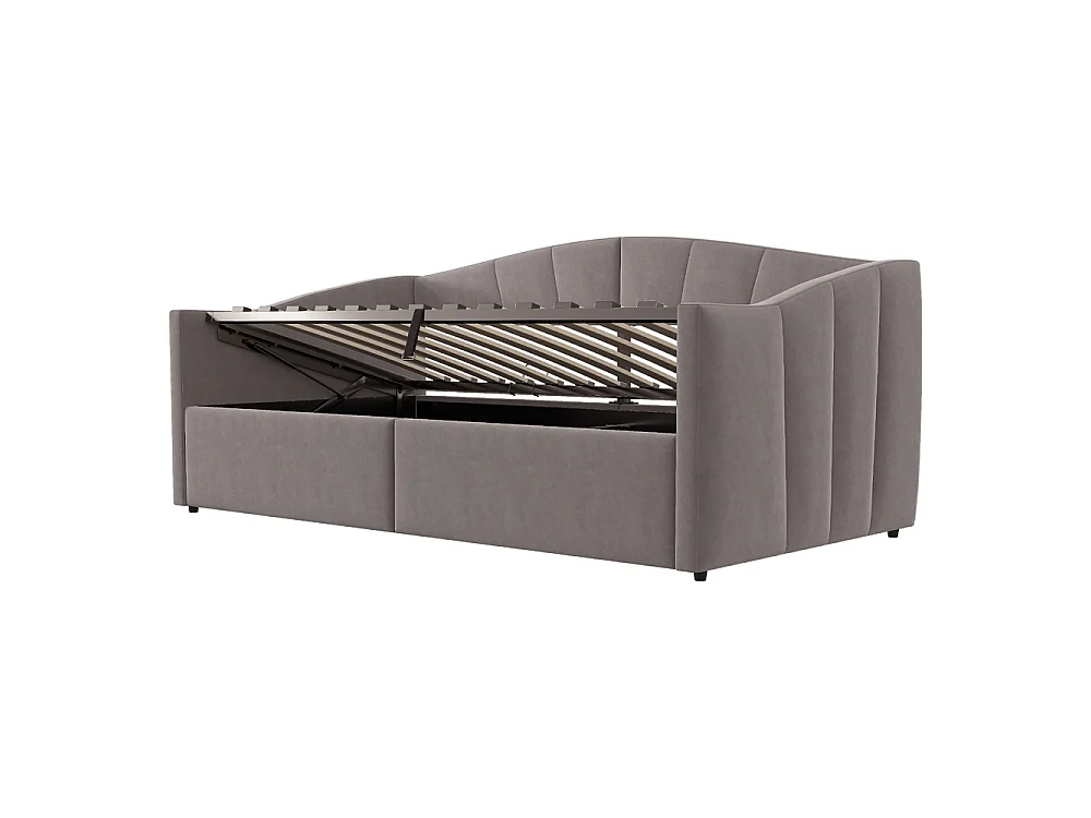 Canapé-lit capitonné 90x200 cm - Lit simple avec coffre de rangement - Sommier à lattes - Rayures classiques - Velours - Gris