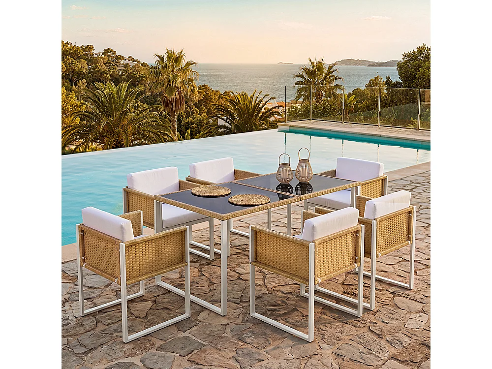 Salon de jardin - 6 personnes - Rotin PE tressé - Cadre acier antirouille - Plateau verre trempé 180 cm