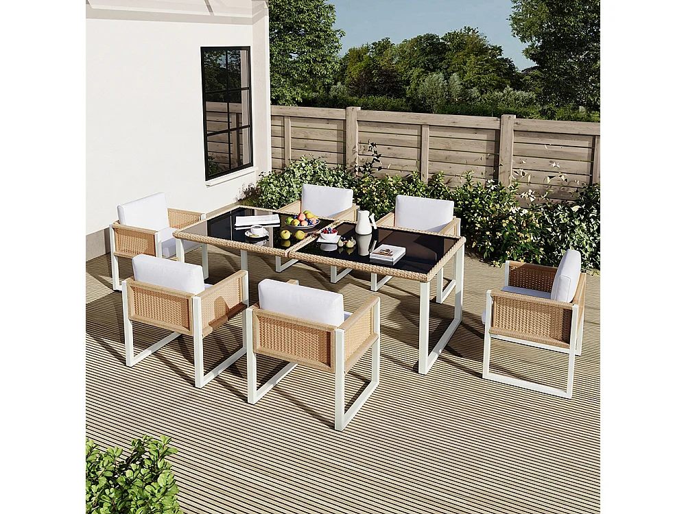 Salon de jardin - 6 personnes - Rotin PE tressé - Cadre acier antirouille - Plateau verre trempé 180 cm