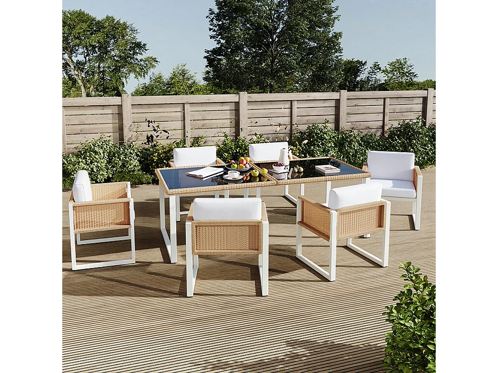 Salon de jardin - 6 personnes - Rotin PE tressé - Cadre acier antirouille - Plateau verre trempé 180 cm