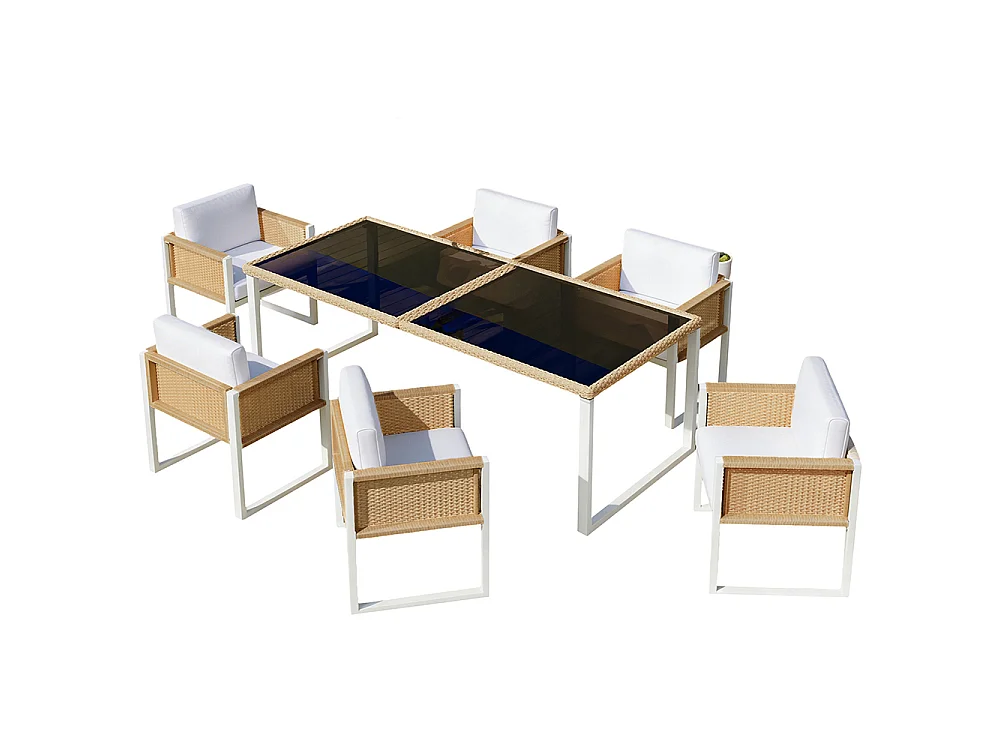 Salon de jardin - 6 personnes - Rotin PE tressé - Cadre acier antirouille - Plateau verre trempé 180 cm