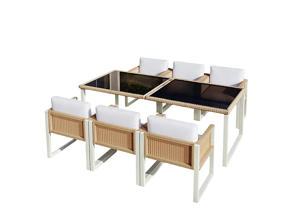 Salon de jardin - 6 personnes - Rotin PE tressé - Cadre acier antirouille - Plateau verre trempé 180 cm