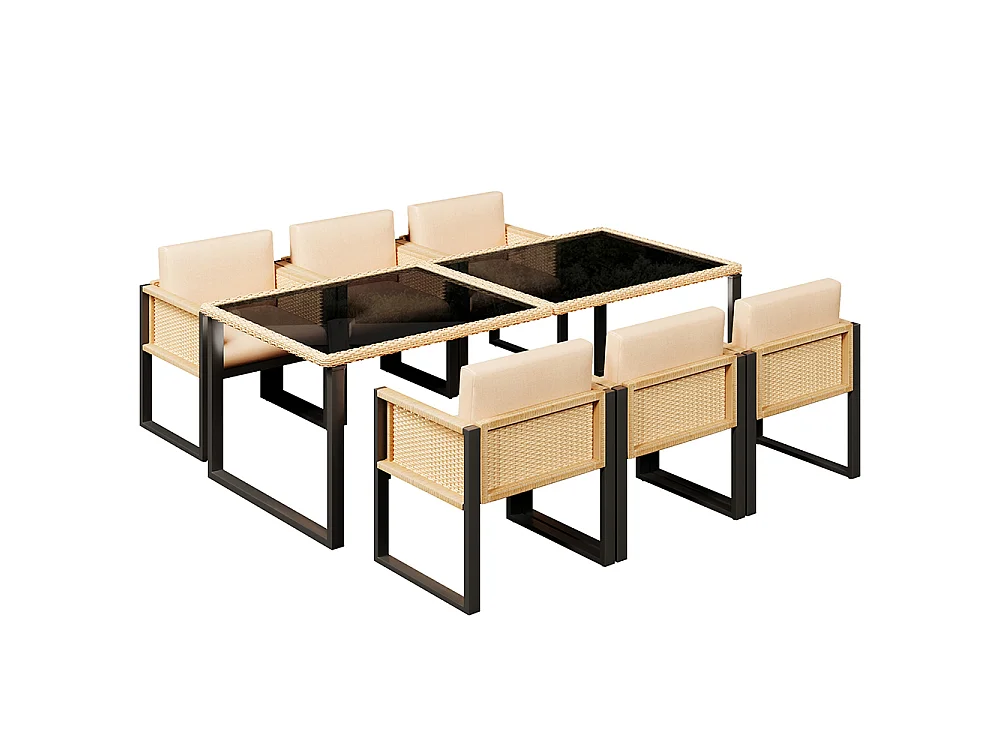 Salon de jardin - Ensemble 6 personnes - Résine PE tressée - Cadre acier antirouille - Coussins 9 cm