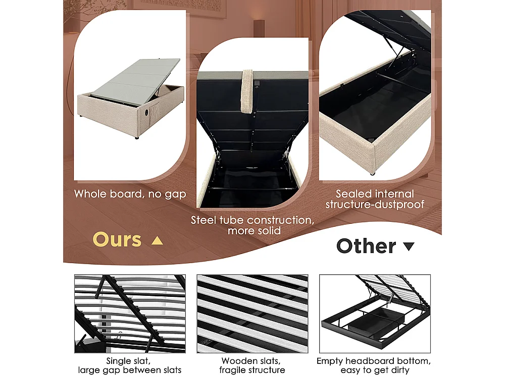 Lit coffre rembourré 90x200 cm - Prise USB C - Sommier à lattes - sans tête de lit - Lin - Beige