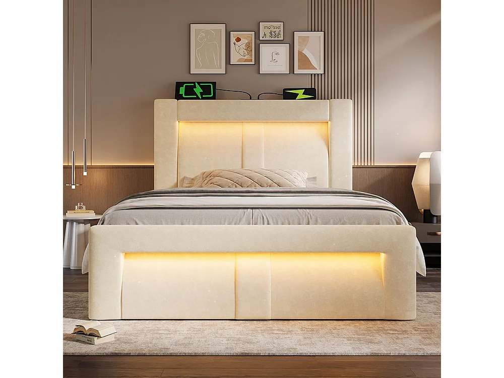 Lit coffre rembourré 90x200 cm, Lit simple avec rangement, APP-Control LED, USB et Type-C, Tête de lit incurvée, Velours, Beige
