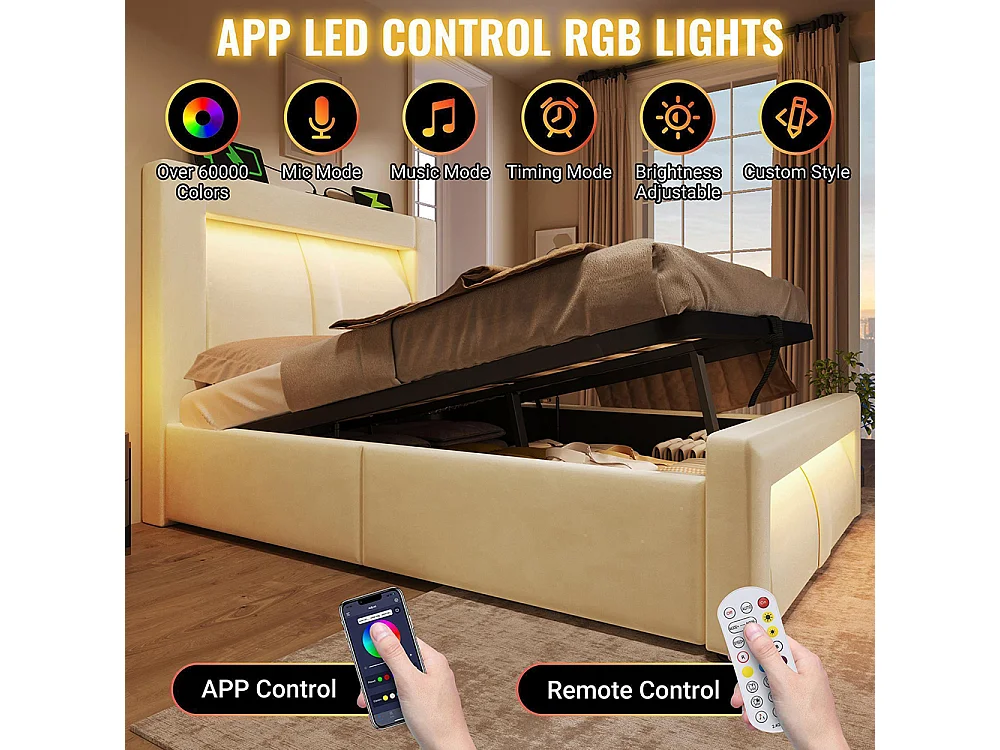 Lit coffre rembourré 90x200 cm, Lit simple avec rangement, APP-Control LED, USB et Type-C, Tête de lit incurvée, Velours, Beige